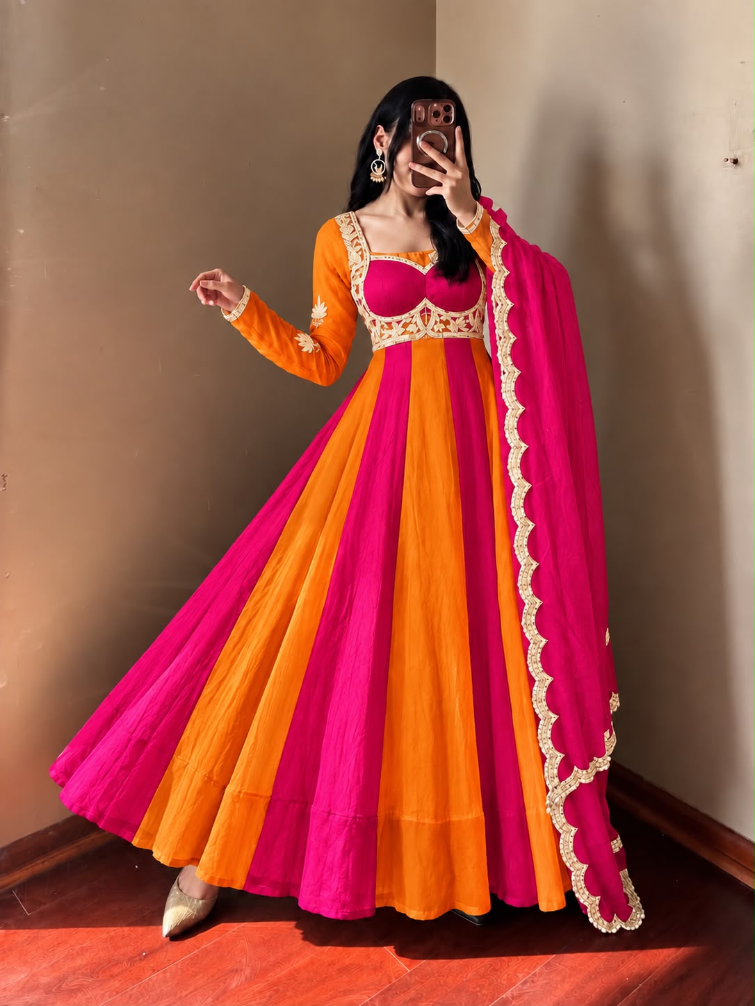 Royal Pink & Orange Embroidered Anarkali Lehenga Set