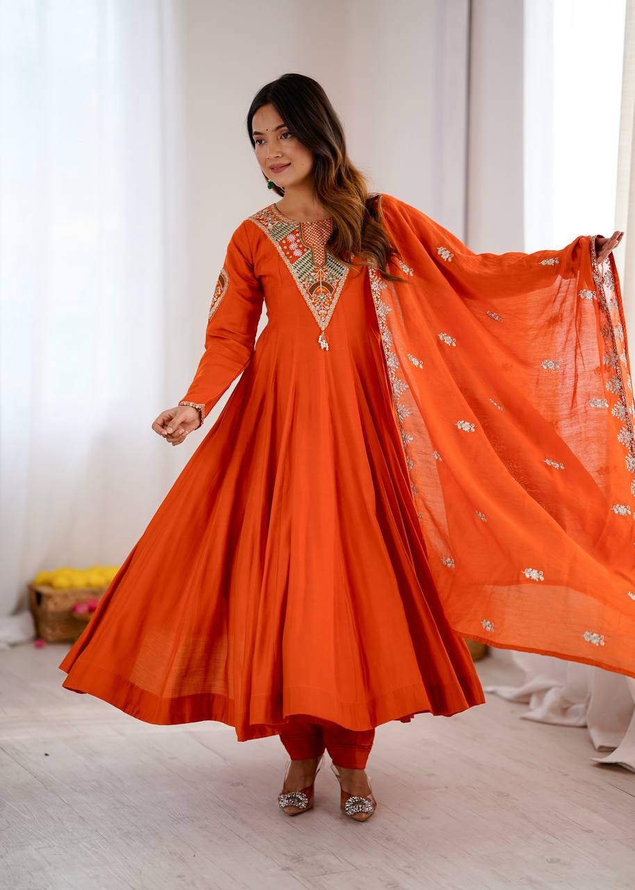Royal Orange Embroidered Anarkali Suit with Elegant Dupatta